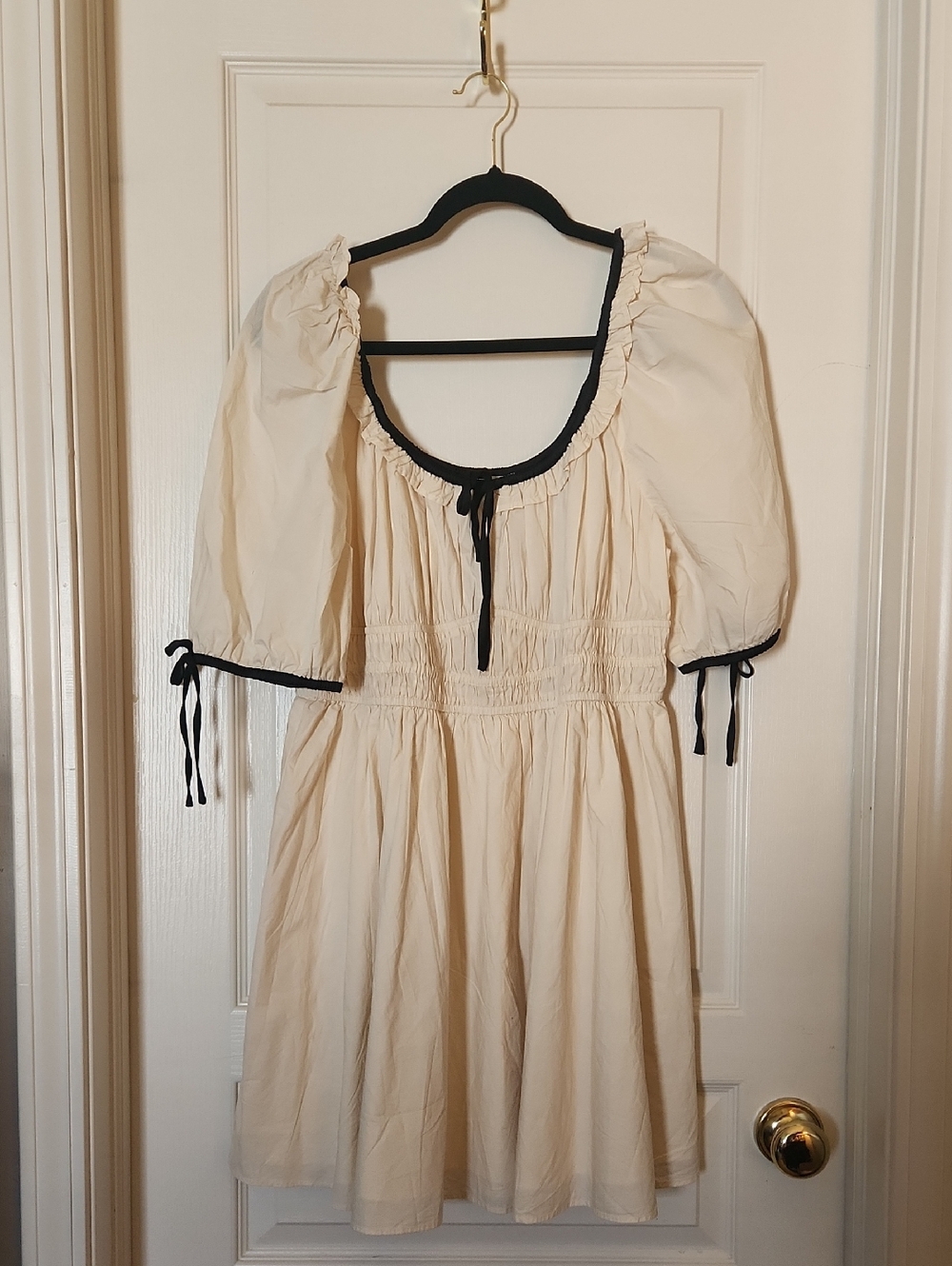 American Eagle Cream Puff-Sleeve Peasant Dress with Black Trim
